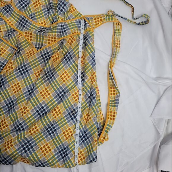 VINTAGE 70s apron yellow plaid tie back full‎ with pocket - Picture 9 of 9